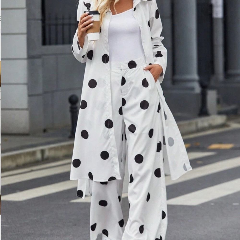 White and Black Wide Leg Polka Dot Jumpsuit with Long Sleeves